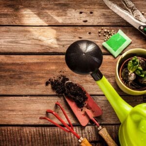 A wooden table with gardening tools and plants.